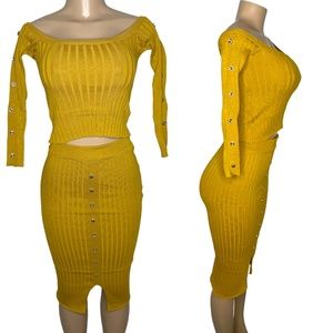 New Yellow Women Set Size Small Bodycom Midi Skirt and Off Shoulder Crop Top